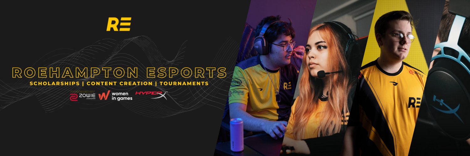 Roehampton Esports banner showing their logo, sponsors, and players